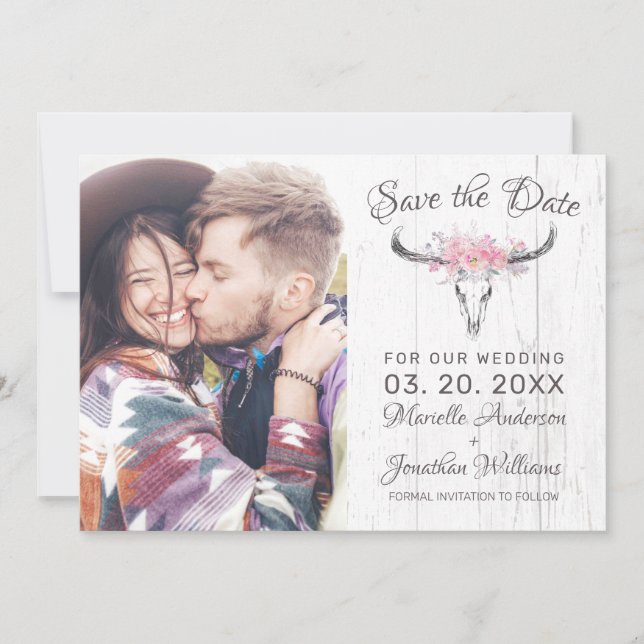 Save The Date Crâne de vache rustique flou d'aquarelle photo (Devant)