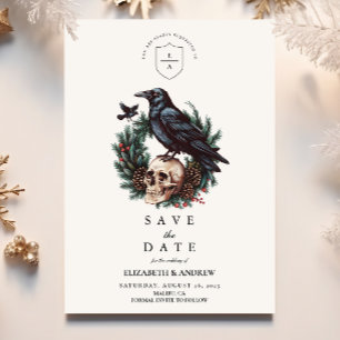 Save The Date Crâne et corbeau de pin Mariage gothique