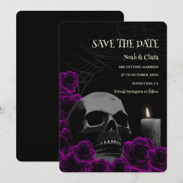 Save The Date Crâne gothique noir violet foncé et Halloween Rose (Devant / Derrière)