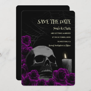 Save The Date Crâne gothique noir violet foncé et Halloween Rose