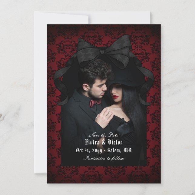Save The Date Crâne rouge Damas noir Bow Goth Mariage (Devant)