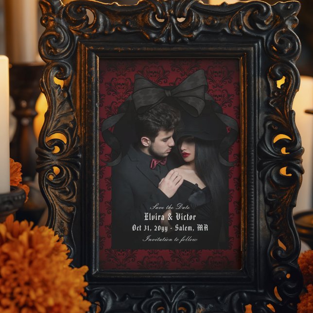 Save The Date Crâne Rouge Damassé Nœud Noir Goth Mariage (Créateur téléchargé)