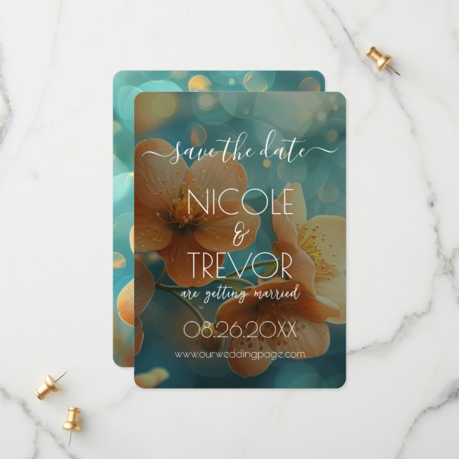 Save The Date Créez votre propre - Turquoise Bokeh Orange Flower (Devant/Arrière en situation)
