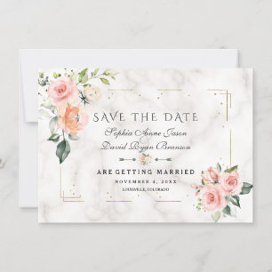 Save The Date Crème Rouge Florale Paillettes Or Marbre Mariage