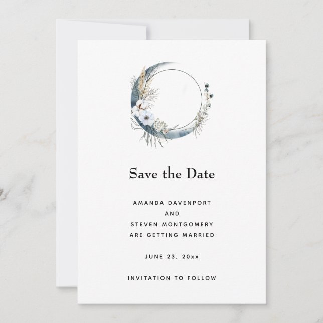 Save The Date Crescent Bleu Lune avec Mariage Fleurs Blanches (Devant)