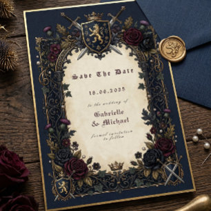 Save The Date Crête Gothique Lunatique Navy Bourgogne Or Médiéva