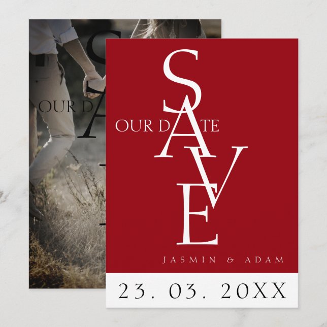 Save The Date Crimson minimal rouge blanc Mariage photo simple (Devant / Derrière)