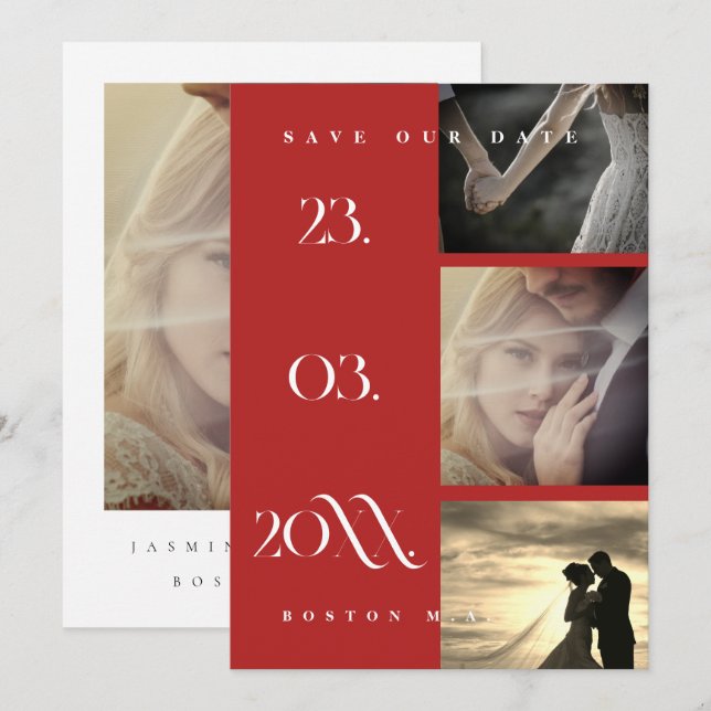 Save The Date Crimson minimaliste rouge Script 3 Mariage photo (Devant / Derrière)