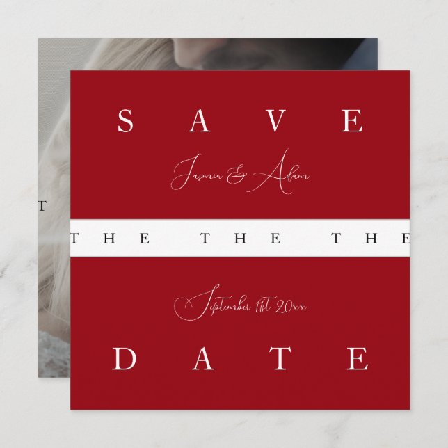 Save The Date Crimson Red White Simple Photo Mariage (Devant / Derrière)