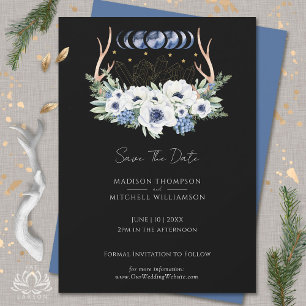 Save The Date Cristaux de lune Fleurs Bleues Blancs Boho Métaphy