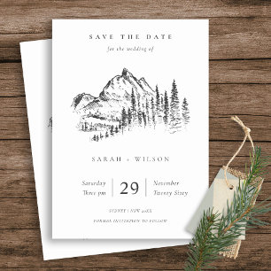 Save The Date Croquis de montagne de pin rustique Kraft blanc no