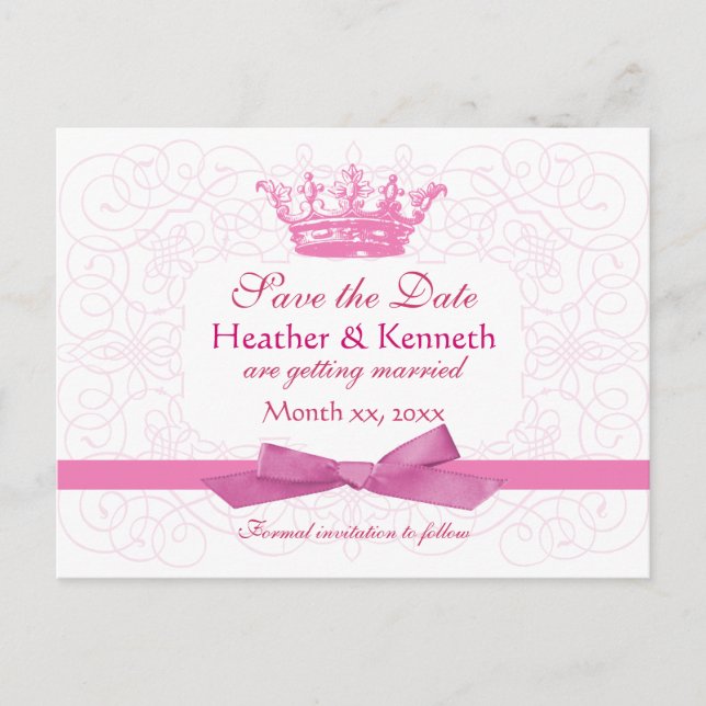 Save the Date Crown Pink Announcement Postcard (Front)