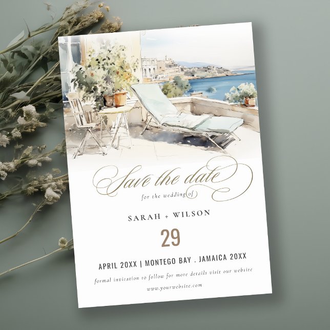 Save The Date Curfu Grèce Mariage de paysage aquarelle (Créateur téléchargé)