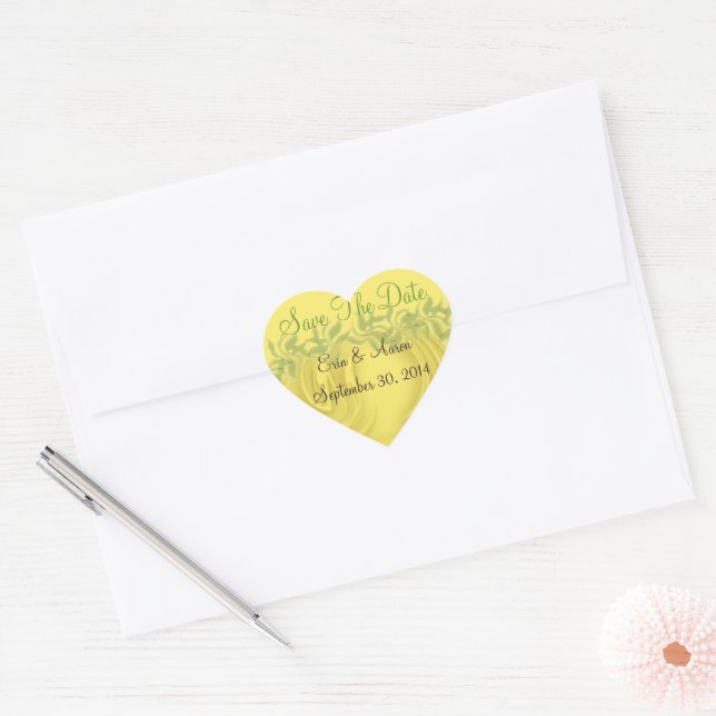 "Save the Date" Curls Over Yellow Personalized Heart Sticker (Envelope)
