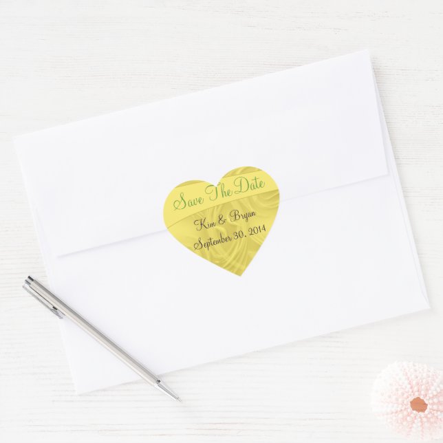 "Save the Date" Curls Over Yellow Personalized Heart Sticker (Envelope)