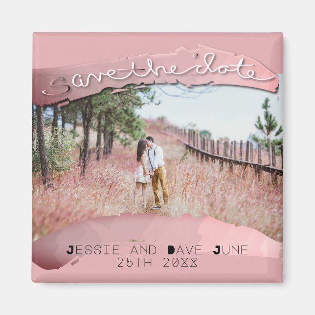 Save-the-Date Custom Photo Pink Brush Marks Magnet (Front)