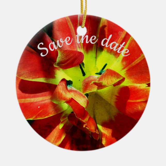 Save the date custom red flower blossom ceramic ornament (Front)