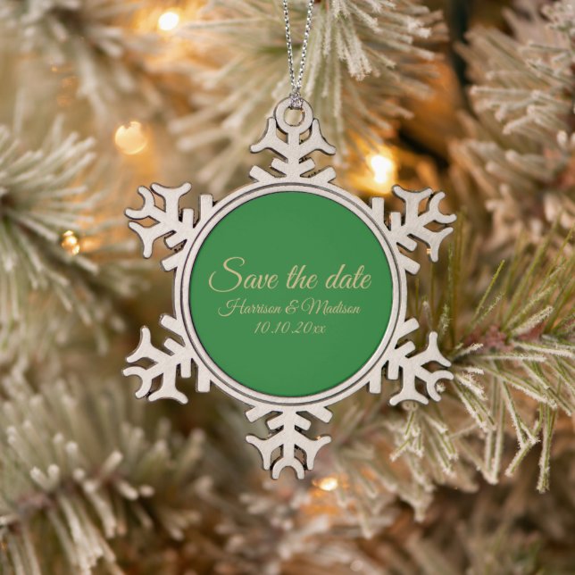 Save the Date custom script Wedding Announcement Snowflake Pewter Christmas Ornament (Tree)