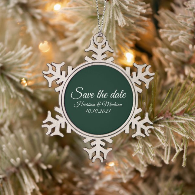 Save the Date custom script Wedding Announcement Snowflake Pewter Christmas Ornament (Tree)