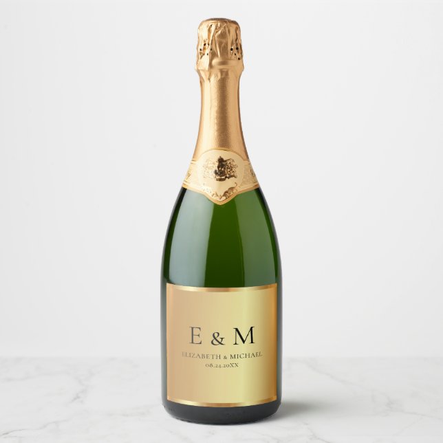 Save the Date Custom Text Glamour Gold Monogram Sparkling Wine Label (Front)