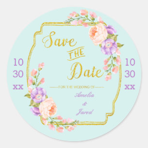 Save the Date Customizable Floral and Gold Classic Round Sticker