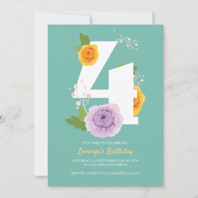 Save The Date Cute aquarelle Floral Enfants 4ème anniversaire (Devant)