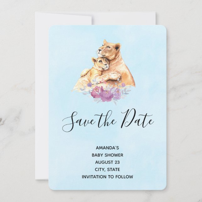 Save The Date Cute Aquarelle Mère Lion & Baby shower Cub (Devant)