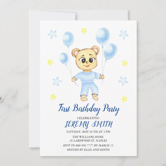 Save The Date Cute Bear Thème Fête d'anniversaire du garçon (Devant)