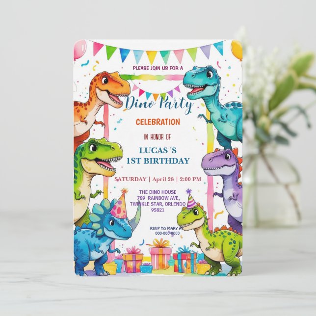 Save The Date Cute DIno Baby Dinosaures 1er fête d'anniversaire  (Debout devant)