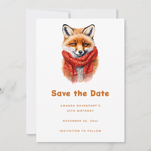 Save The Date Cute Fox in a Red Scarf Autumn Image Birthday (Devant)