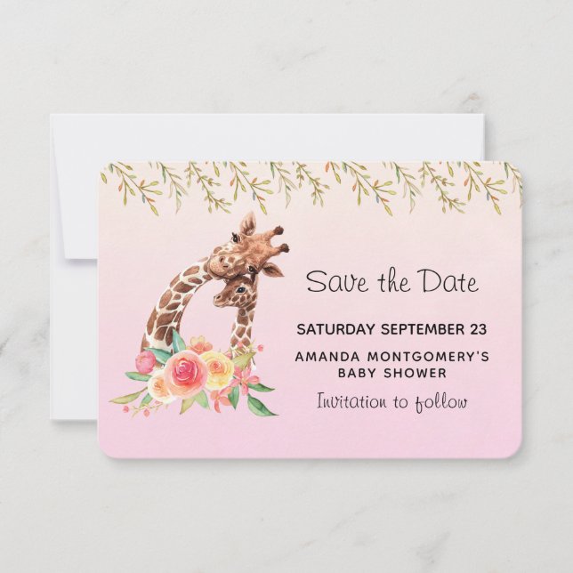 Save The Date Cute Giraffe Aquarelle Maman & Babe Baby shower (Devant)