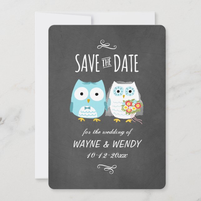 Save The Date Cute Owls Mariage Chalkboard Style Enregistrer la  (Devant)