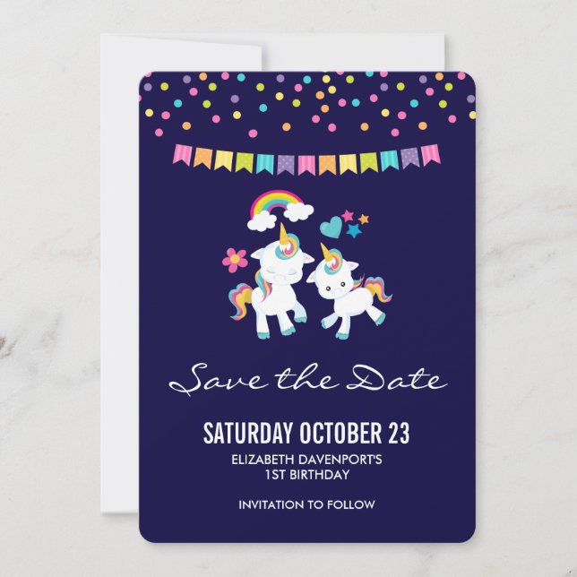 Save The Date Cute Unicorns Magique Arc-en-ciel & Étoiles Annive (Devant)