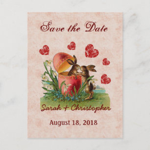 Save the Date Cute Vintage Rabbits Kissing A04 Announcement Postcard