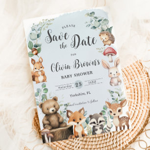 Save The Date Cute Woodland Animaux Baby shower vert bleu