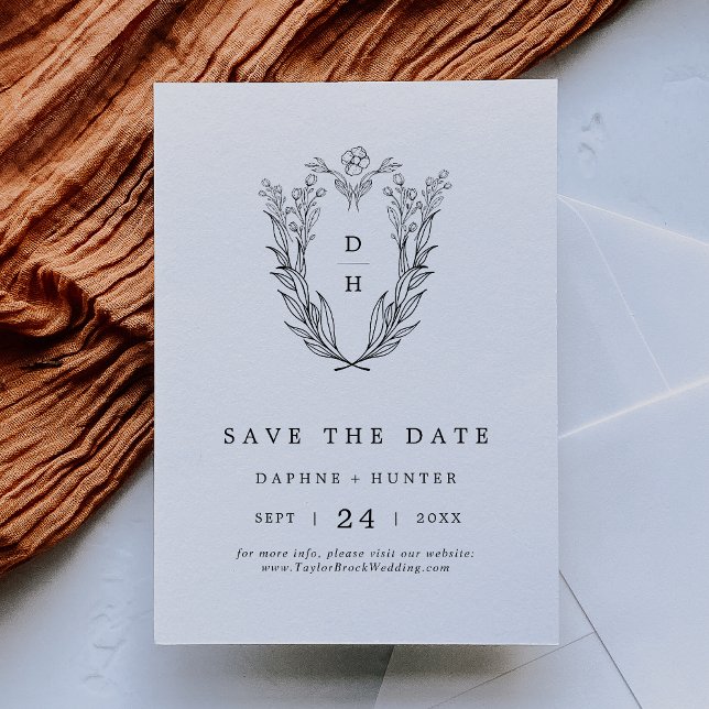 Save The Date DAPHNE Classic Élégant noir blanc Mariage floral (DAPHNE Classic Elegant Black White Floral Wedding Save The Date)