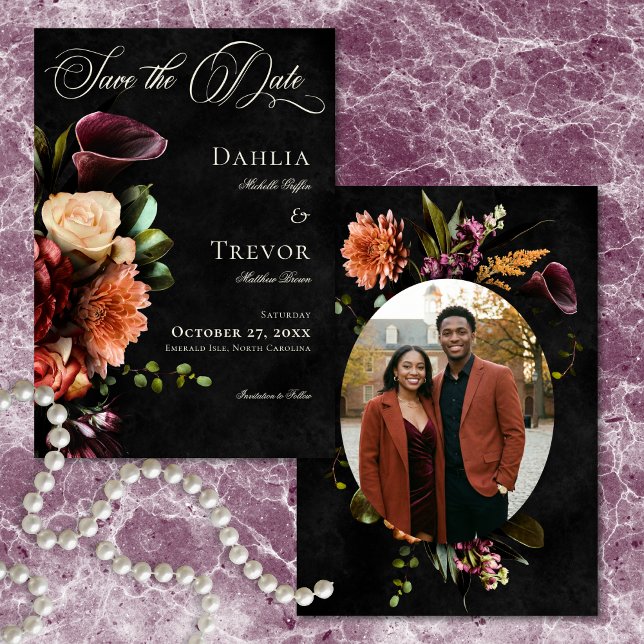 Save The Date Dark Elegant Autumn Floral Photo Wedding (Dark Elegant Autumn Floral Photo Wedding Save The Date)