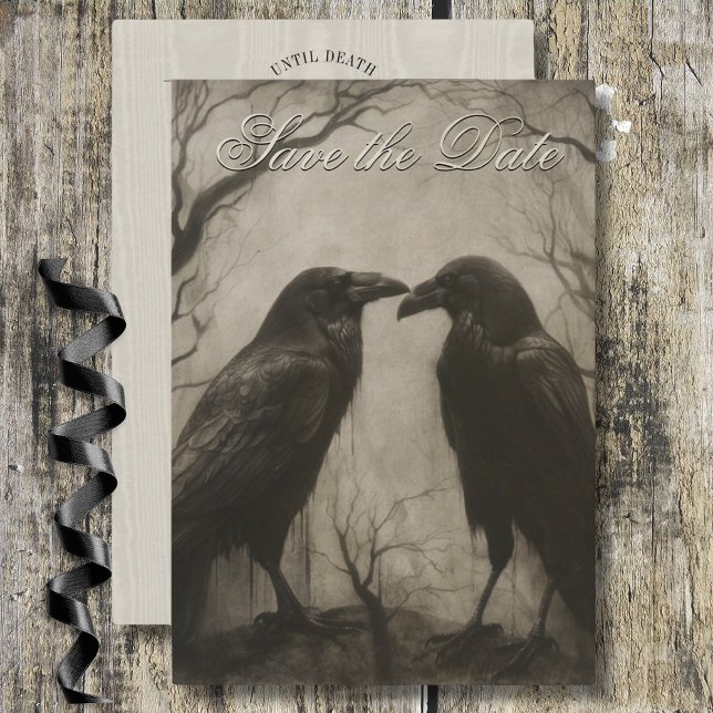 Save The Date Dark Gothique Noir & Tan Raven Mariage de script (Dark Gothic Black & Tan Raven Script Wedding Save The Date)