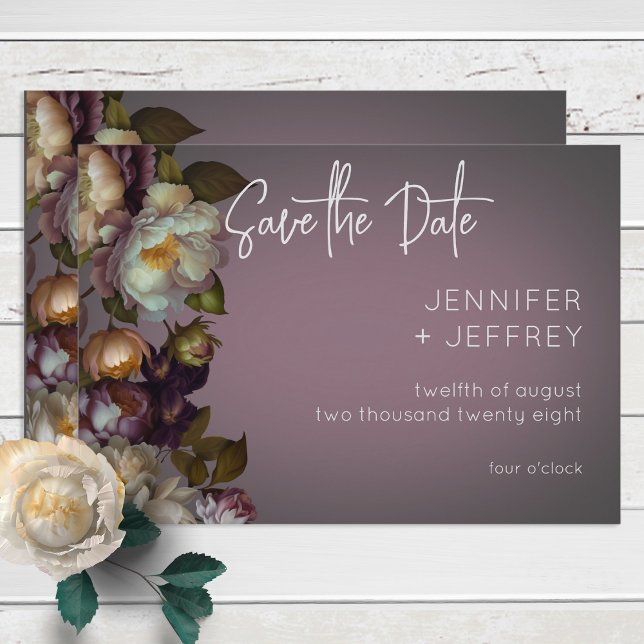 Save The Date Dark Moody Mauve Floral Modern Enregistrer la cart (Créateur téléchargé)