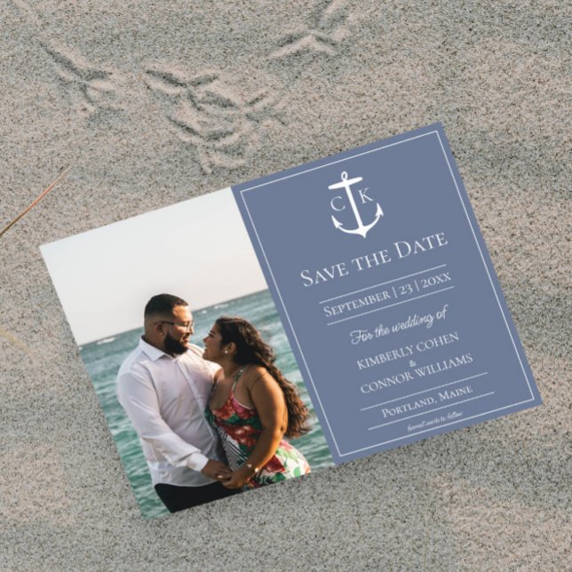 Save The Date Date de sauvegarde de photo de monogramme nautique (Periwinkle Nautical Monogram Photo Save the Date)