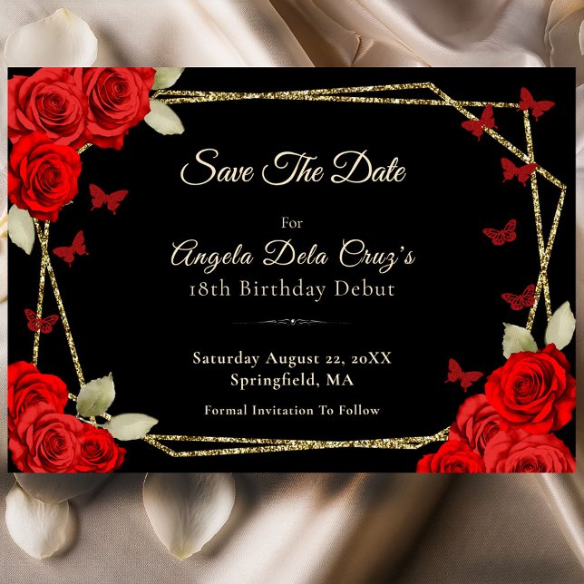 Save The Date Début élégant pour 18 ans avec roses noires et or (Créateur téléchargé)