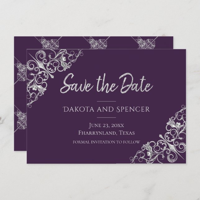Save The Date Décadence Art Déco | Filigree violet et argenté (Devant / Derrière)