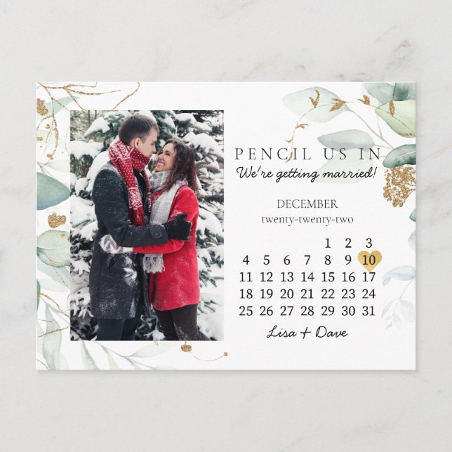 Save the Date December 2022 Botanical Elegant Gold Postcard (Front)