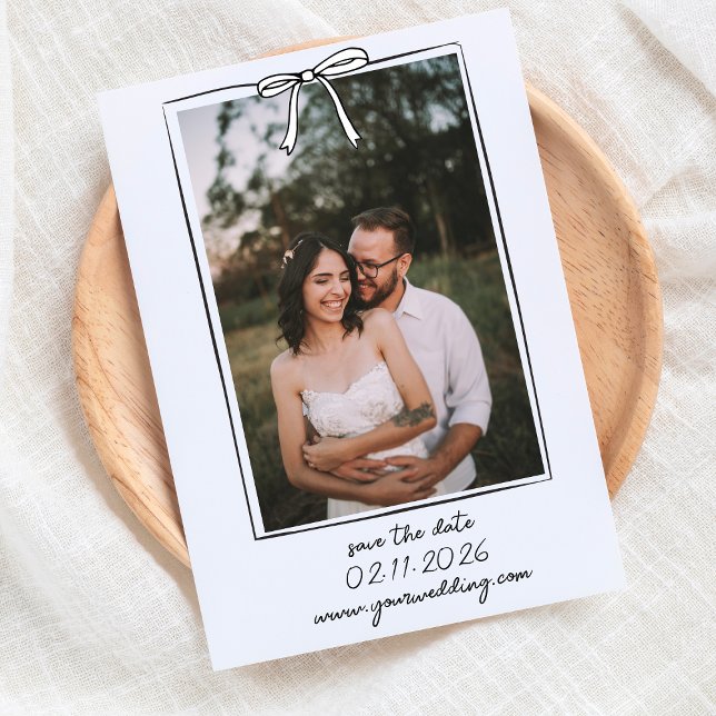 Save The Date Décontracté Main Tirée Photo Simple Whimsical Chic (Announce your big day with our chic bow Save the Date card, with a timeless black and white design.)