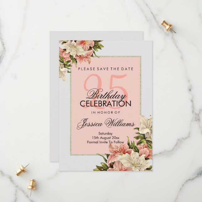 Save The Date Décorations florales Anniversaire féminin (Devant/Arrière en situation)