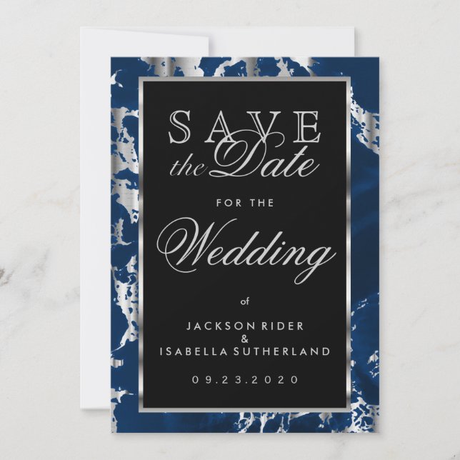 Save the Date Deep Blue and Silver Marble (Front)