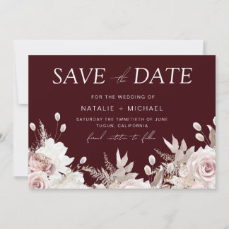 Save The Date Deep Burgundy Blush Boho Floral Wedding