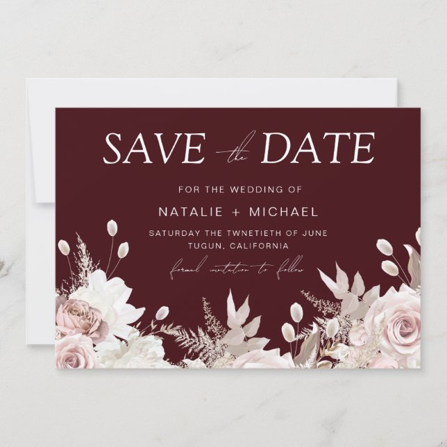 Save The Date Deep Burgundy Blush Boho Floral Wedding (Devant)