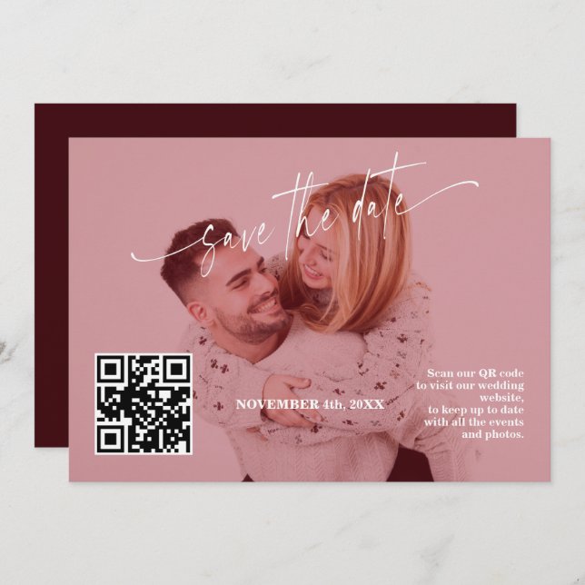 Save The Date Deep Burgundy Calligraphy QR Code Photo Wedding   (Devant / Derrière)
