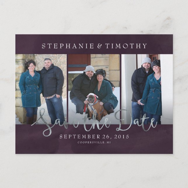 Save the Date - Deep Purple with Faux Silver Foil Announcement Postcard (Front)